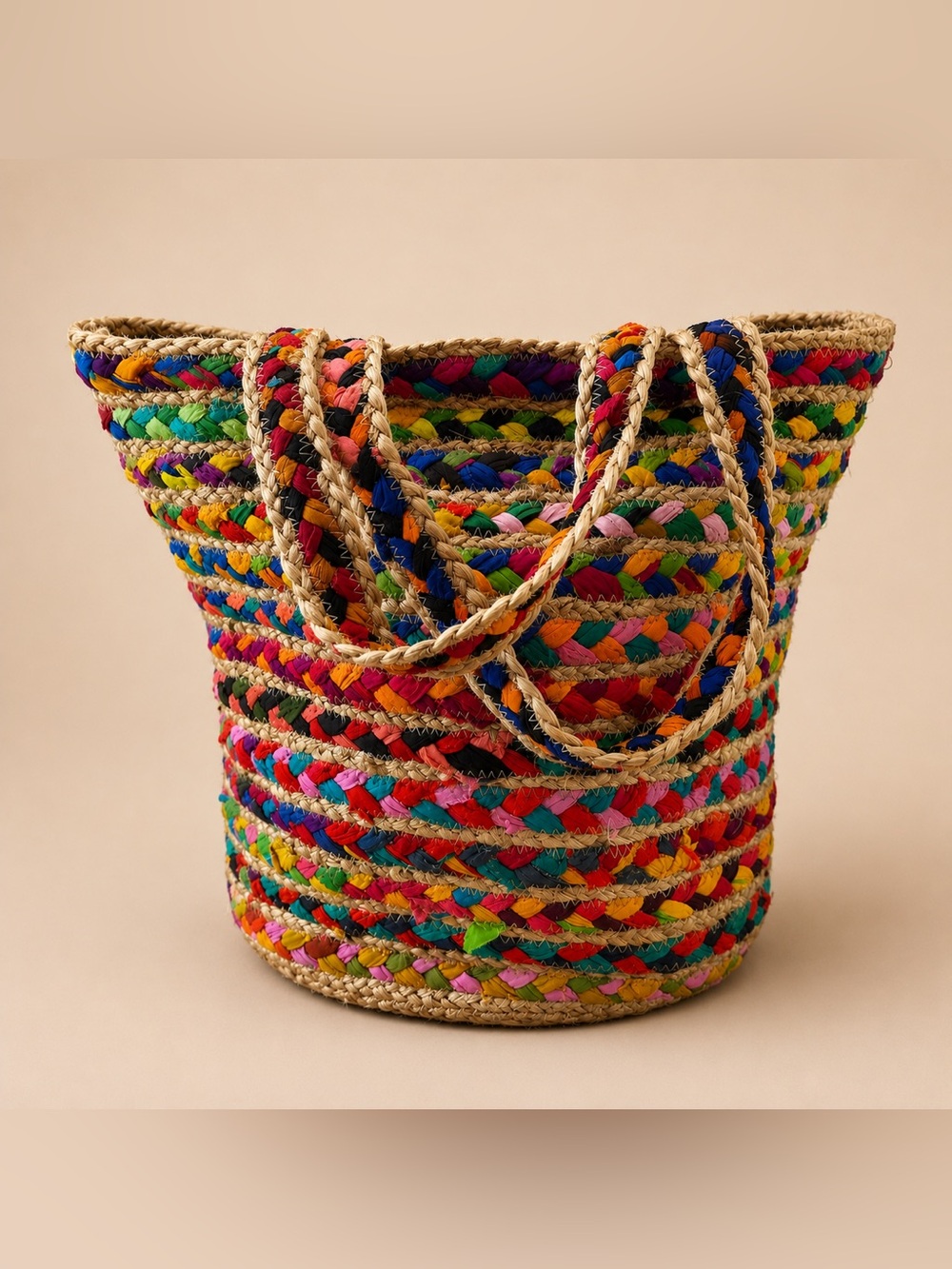 Hand Woven Colorful Market Tote Basket Bag Boho Summer Beach Shopper - Picture 2 of 4